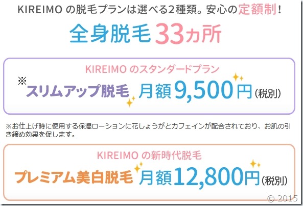 キレイモの全身脱毛月額制プランは、スリムアップ脱毛とプレミアム美白脱毛の2種類です。